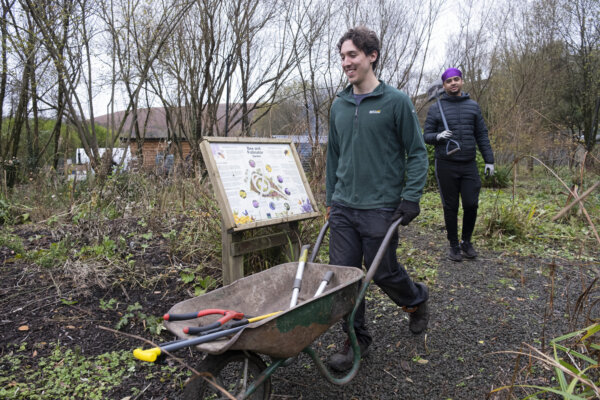 Young man pushing a wheelbarrow through a woodland