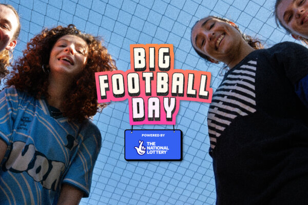 An promotional image for Big Football Day featuring four young girls, smiling down at the camera