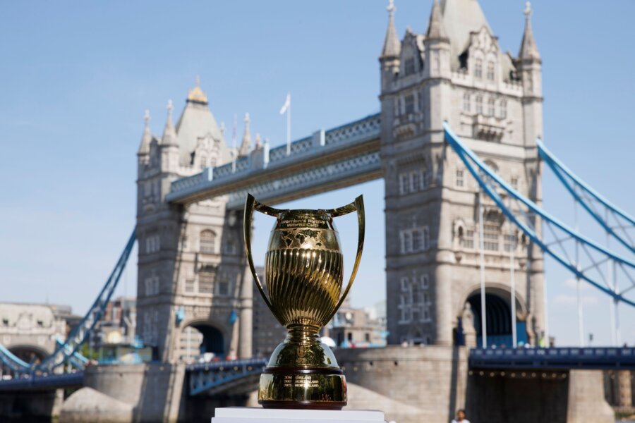A trophy on display with iconic tower bridge in the foreground.