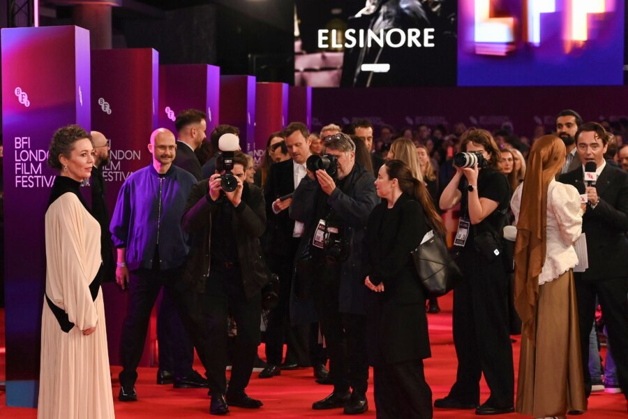A person is photographed on the red carpet.