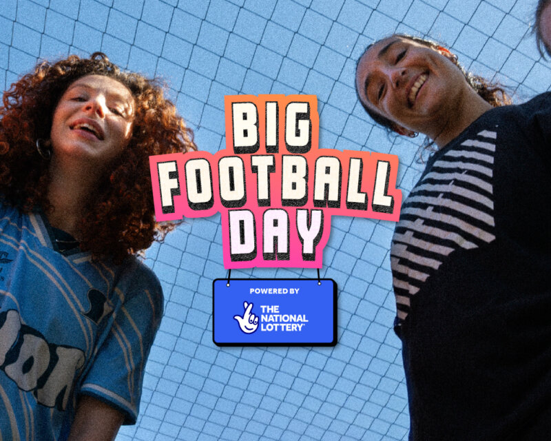 An promotional image for Big Football Day featuring four young girls, smiling down at the camera