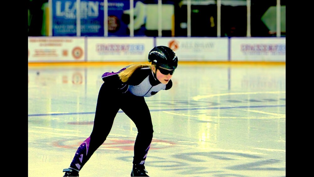 Altrincham Speed Skating Club member Isla O'Hara glides round and round, warming up on the ice