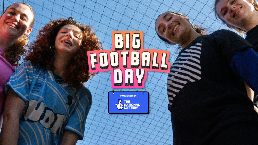 An promotional image for Big Football Day featuring four young girls, smiling down at the camera