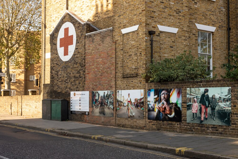 The Red Cross Building in Hackney London with pictures from the Ridley Road Stories exhibitions.