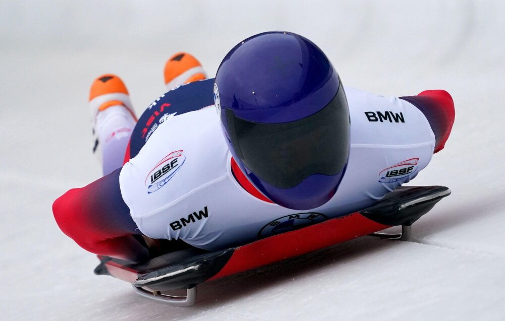 A man (Marcus Wyatt) practising skeleton.