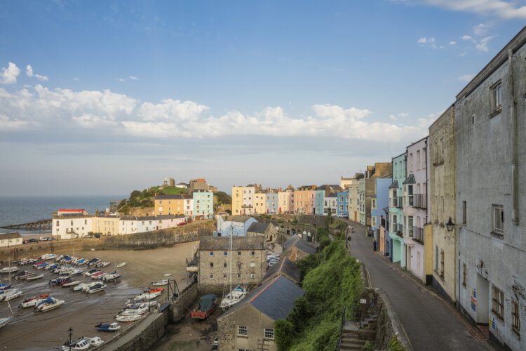 The ice-cream coloured Victorian buildings on the Norman streets of Tenby near Tudor Merchant's House, Pembrokeshire