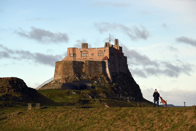 A person with a bobblehat walks with their dog, whilst an old castle sits on a hill in the background