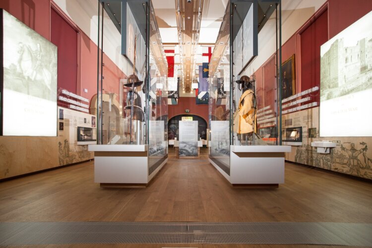 Image of the main National Civil War Centre gallery, with armor and weapons on display
