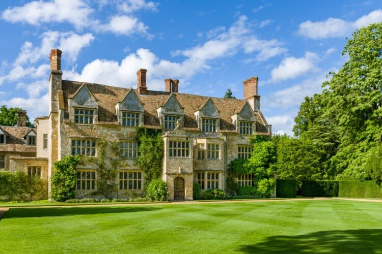 View of the house from the South Lawn at Anglesey Abbey, Cambridgeshire