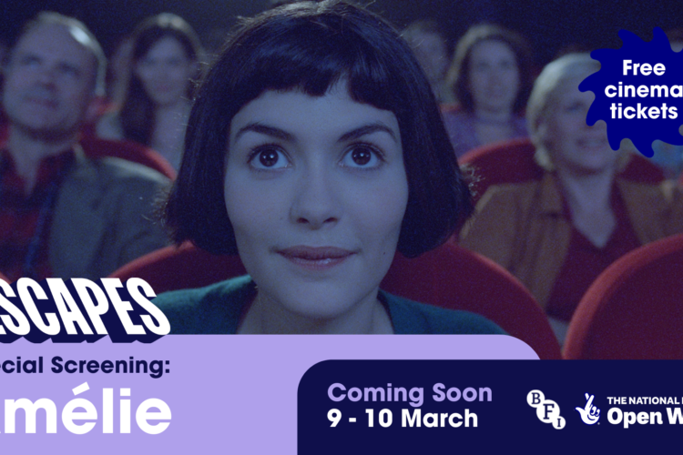A still from the film Amelie in a cinema with the BFI Escapes logo shown on the left, with people sitting in seats looking up at the screen behind her.