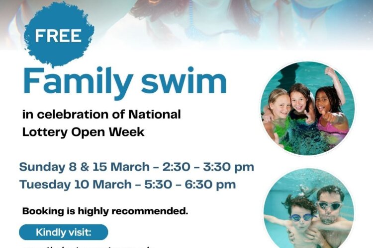 Poster advertising free family swims at The Lenton Centre for National Lottery Open Week. Sessions take place on Sunday 8 & 15 March (2:30–3:30 pm) and Tuesday 10 March (5:30–6:30 pm). Booking is recommended, with website, phone, email, and the Willoughby Street, Lenton address provided.