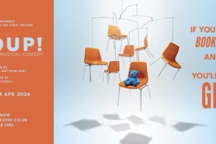 Image of poster with orange chairs and blue bear, with the title of the production.