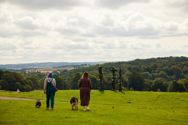 Two women walk their dogs on a grassy hillside, with a scenic view of rolling hills and trees in the background. The sky is partly cloudy, and in the distance, there are three large sculptures. The atmosphere is peaceful and relaxed.