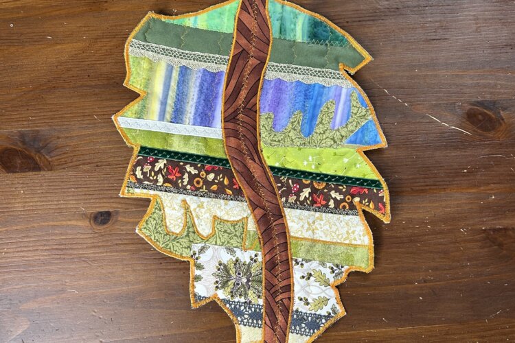 A montage of textile art made by participants at a Sew Positive social prescribing course. The words 'Sew Positive' and 'Nature' are set out with a variety of projects including a cyanotype print with embroidery, other embroidery projects and storytelling through weaving.