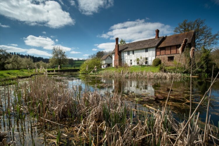 View of the house and moat at Brockhampton Estate, Herefordshire