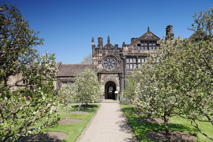 White apple blossom trees line the gravel path to an old house with a blue sky behind it