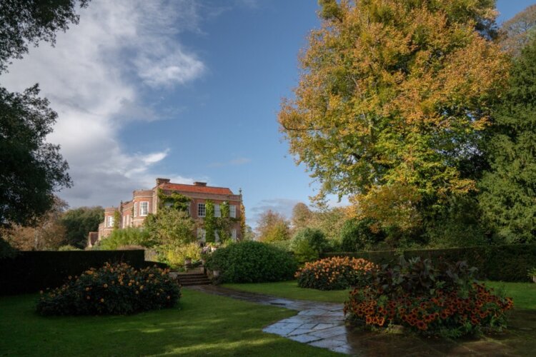 An old country house has greenery growing up the side with a mature garden with flowers and greenery