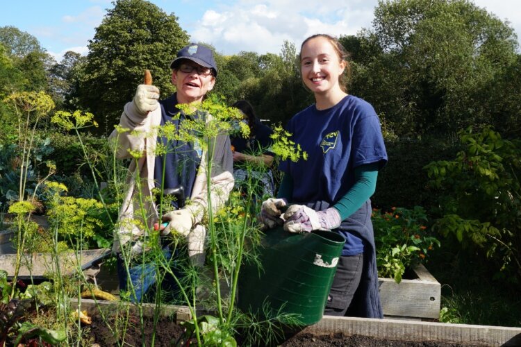 Two people are smiling at the camera (one is doing a thumbs up). They are planting in a garden