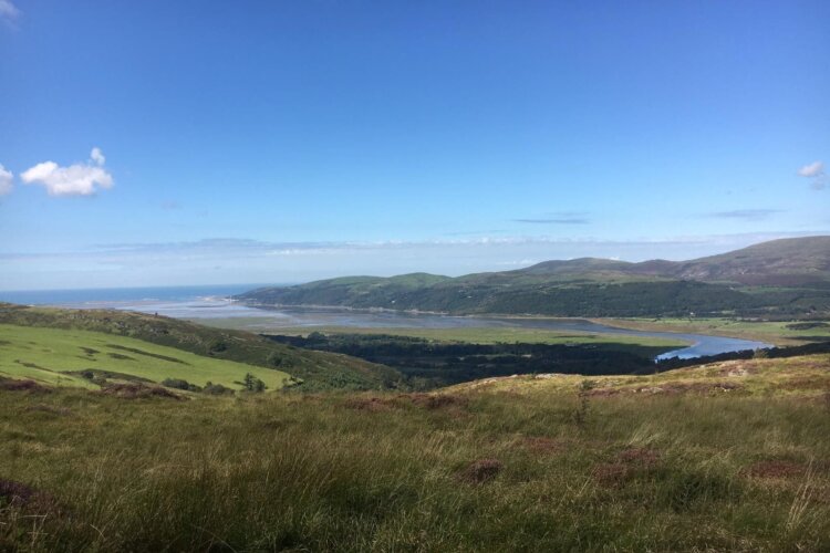 Alt=“ A view over the Ynys-hir estuary with the sea in the far background and blue skies above”