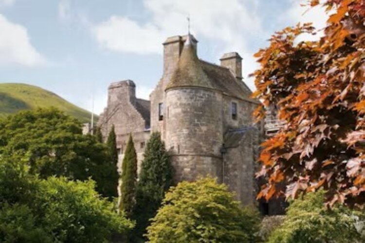 An old stone castle partly hidden by trees, with round towers and a steep roof, set against a backdrop of hills and a bright sky.