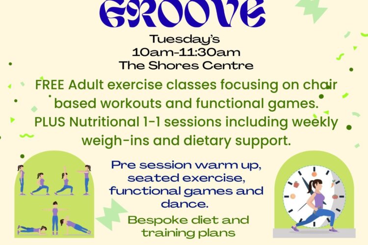 Image shows a poster with details of Move and Groove class on a yellow and blue background.
